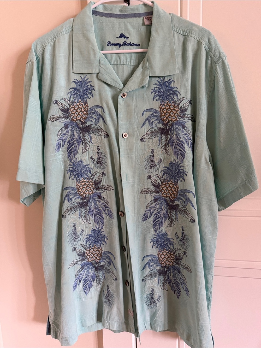 Tommy Bahama Light Aqua Hawaiian Shirt with Blue Pineapple Print